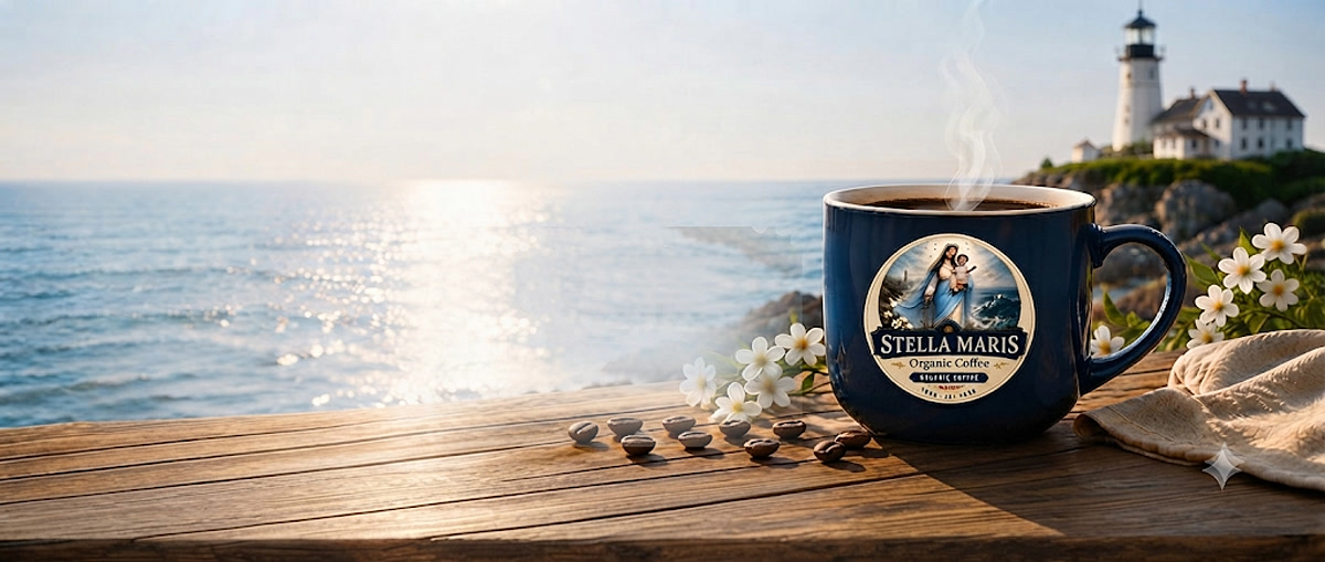Steaming cup of Stella Maris coffee by the coast